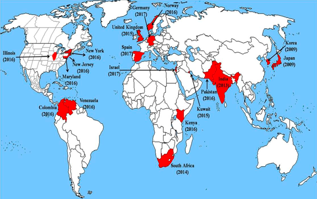 Распространенность Candida auris на пяти континентах. Chowdhary и др. PLoS Pathog. 2017.